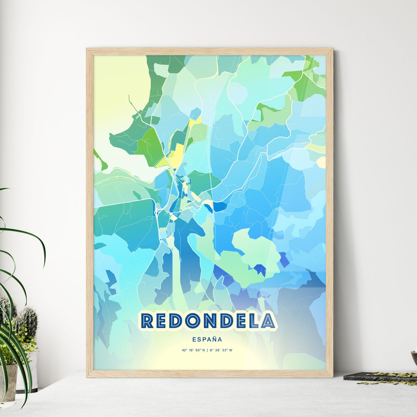 Colorful REDONDELA SPAIN Fine Art Map Cool Blue