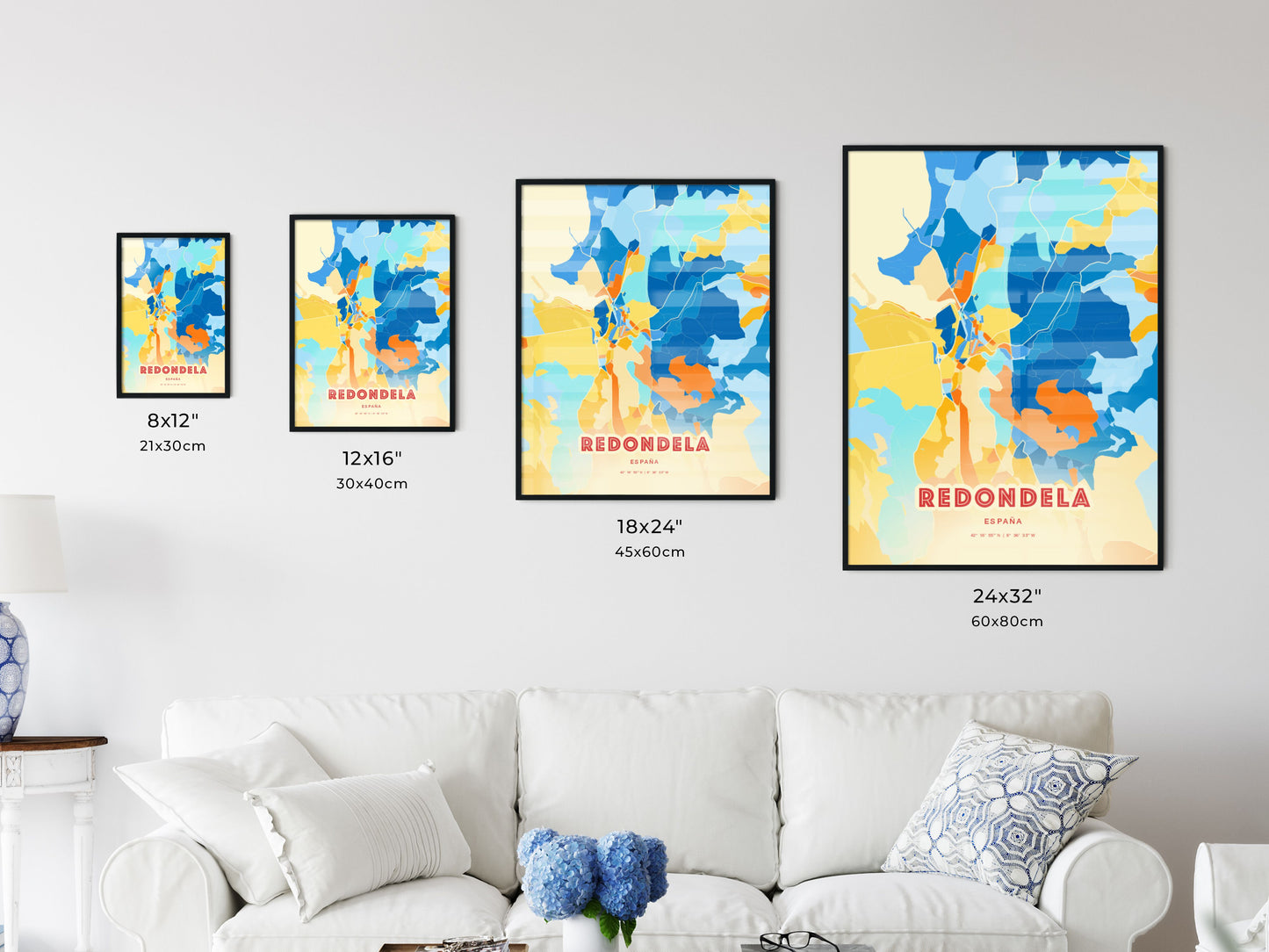 Colorful REDONDELA SPAIN Fine Art Map Blue Orange