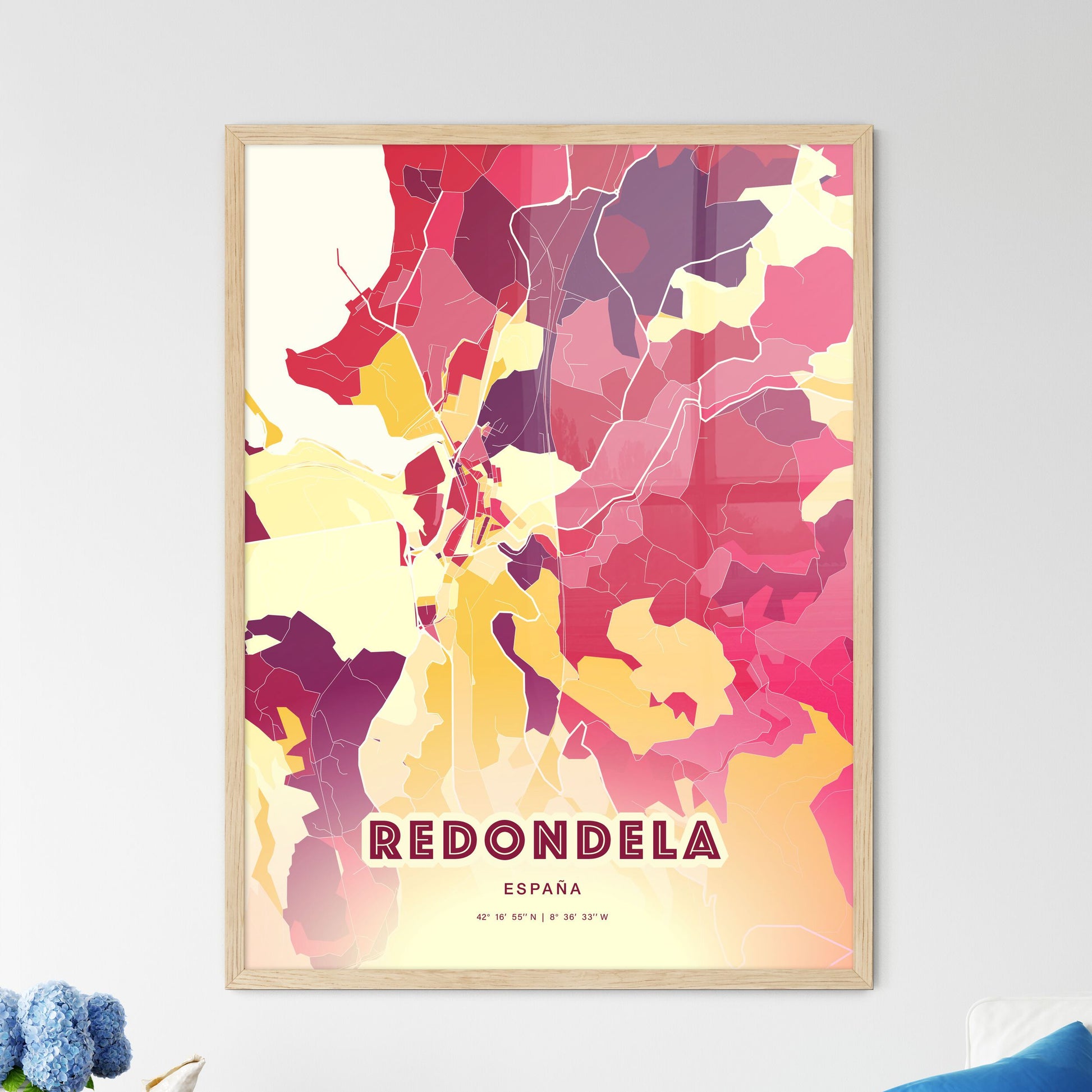 Colorful REDONDELA SPAIN Fine Art Map Hot Red