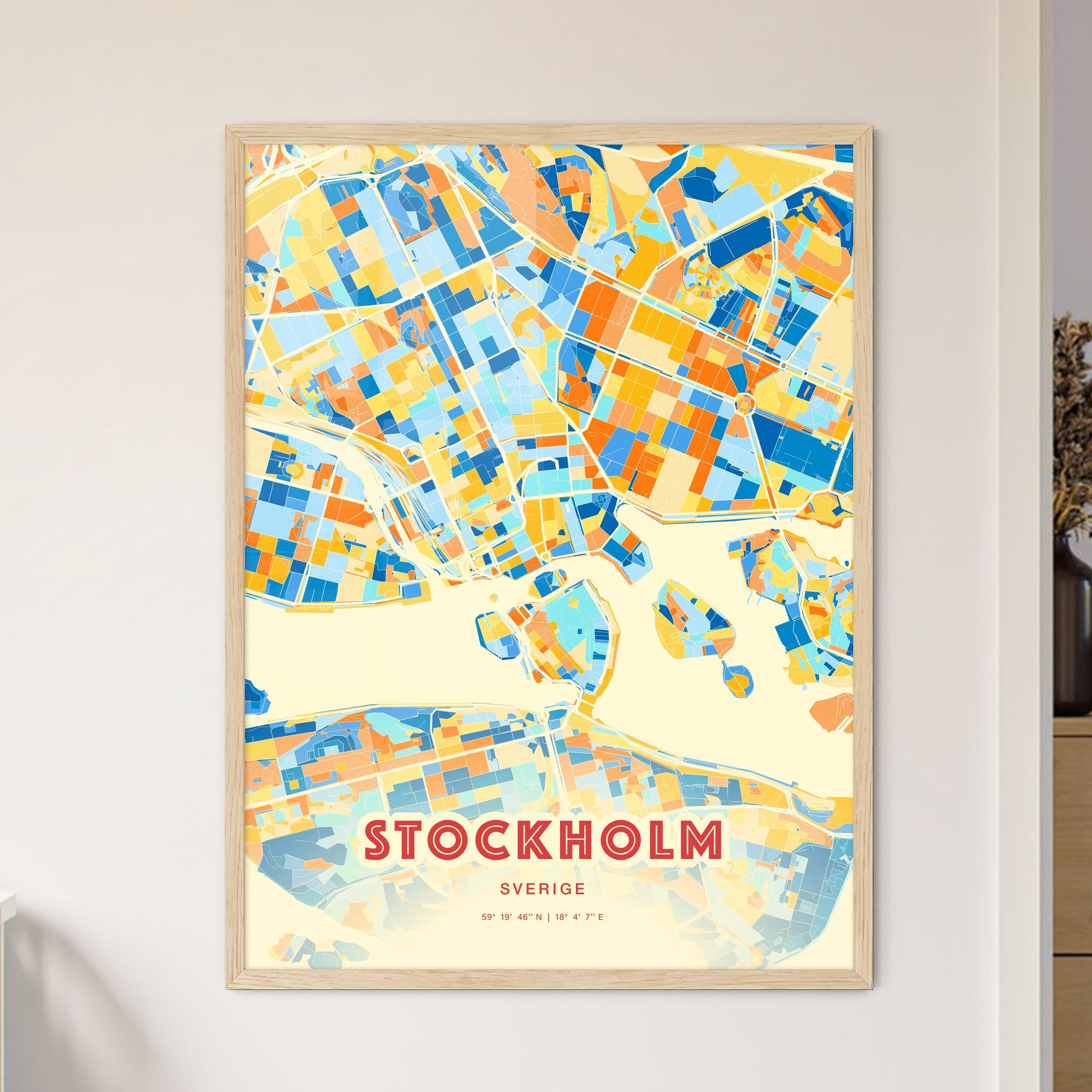 Colorful Stockholm Sweden Fine Art Map Blue Orange