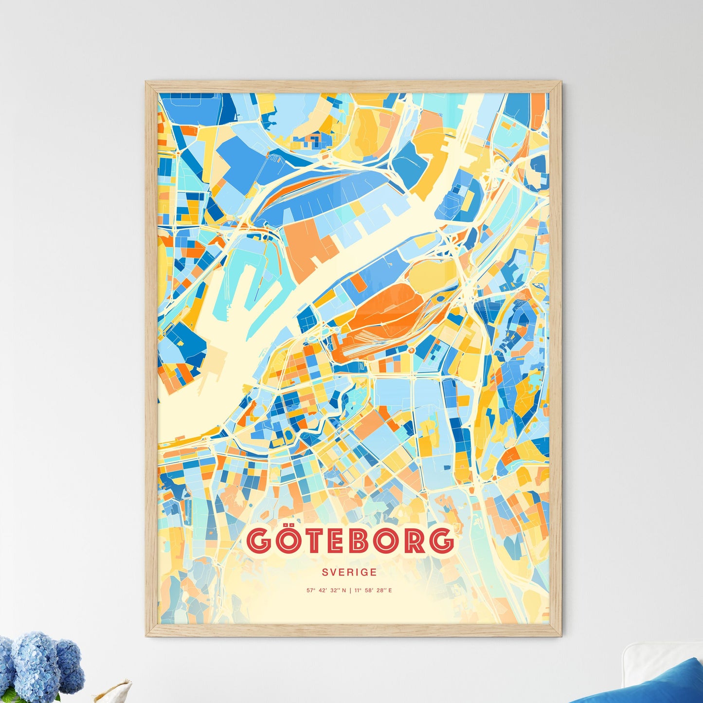 Colorful Gothenburg Sweden Fine Art Map Blue Orange