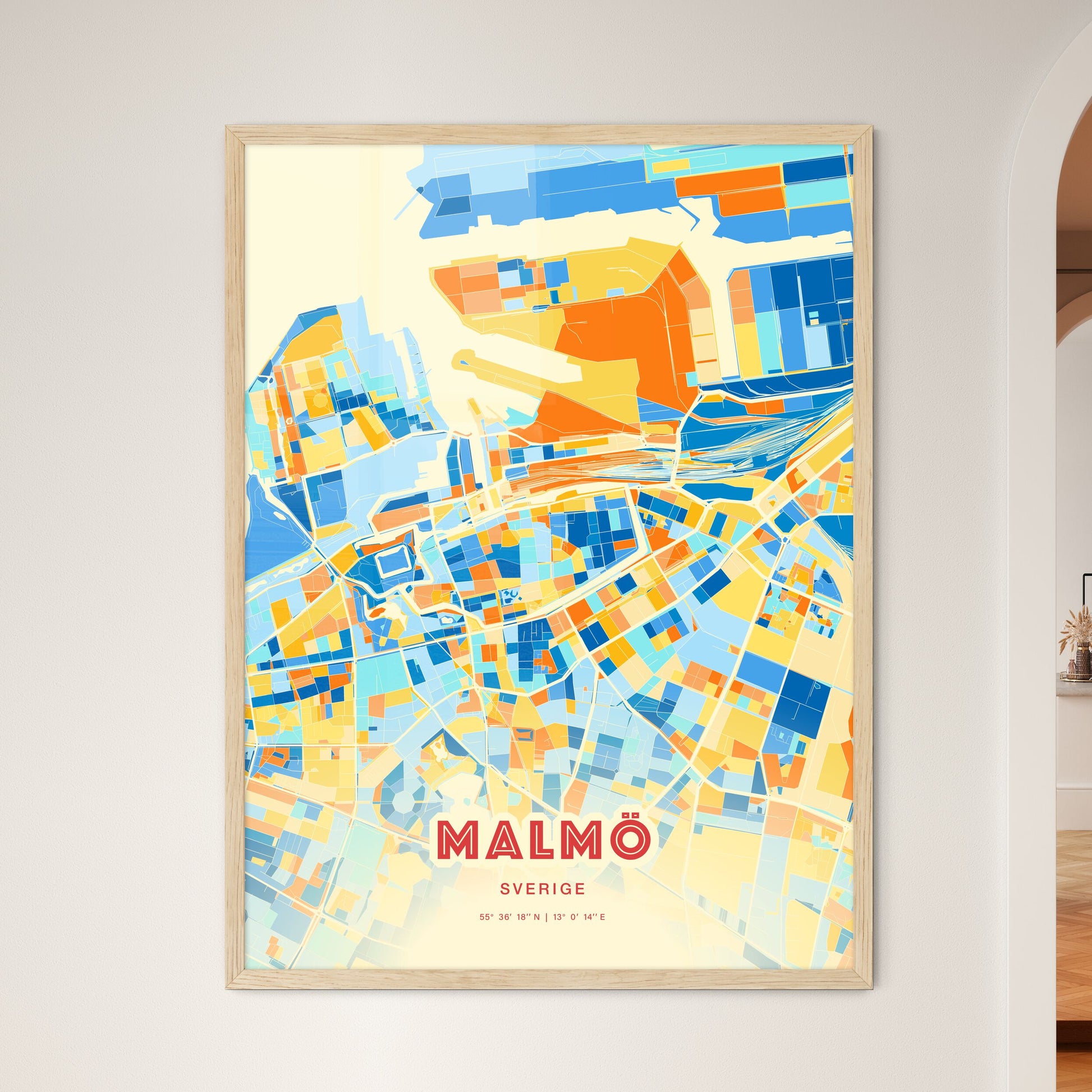 Colorful Malmö Sweden Fine Art Map Blue Orange
