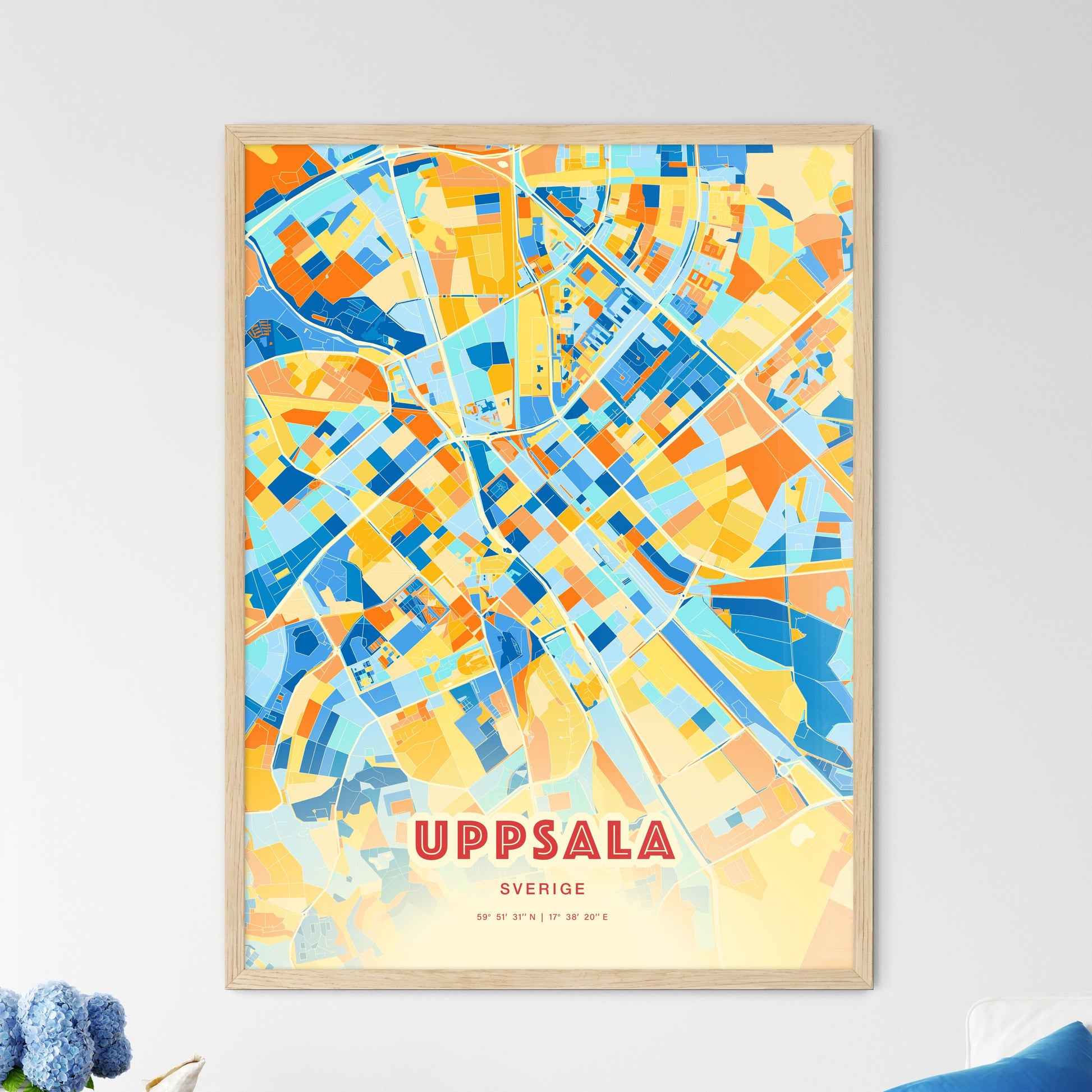Colorful Uppsala Sweden Fine Art Map Blue Orange