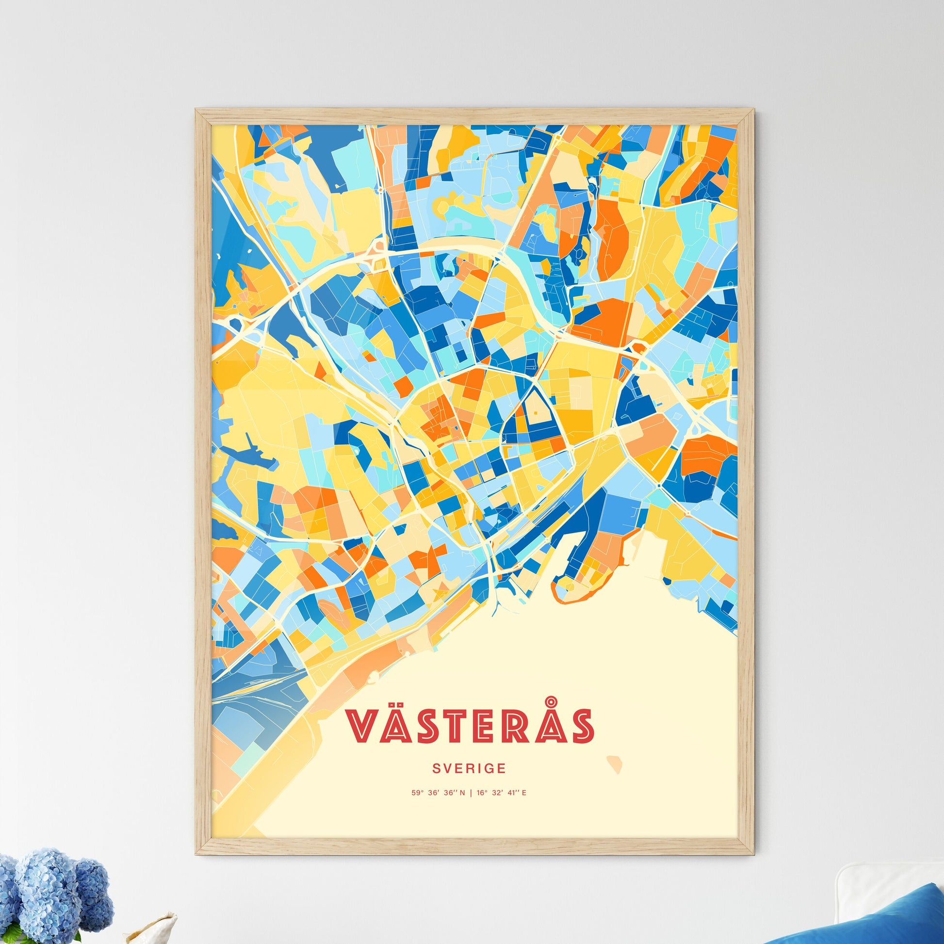 Colorful Västerås Sweden Fine Art Map Blue Orange