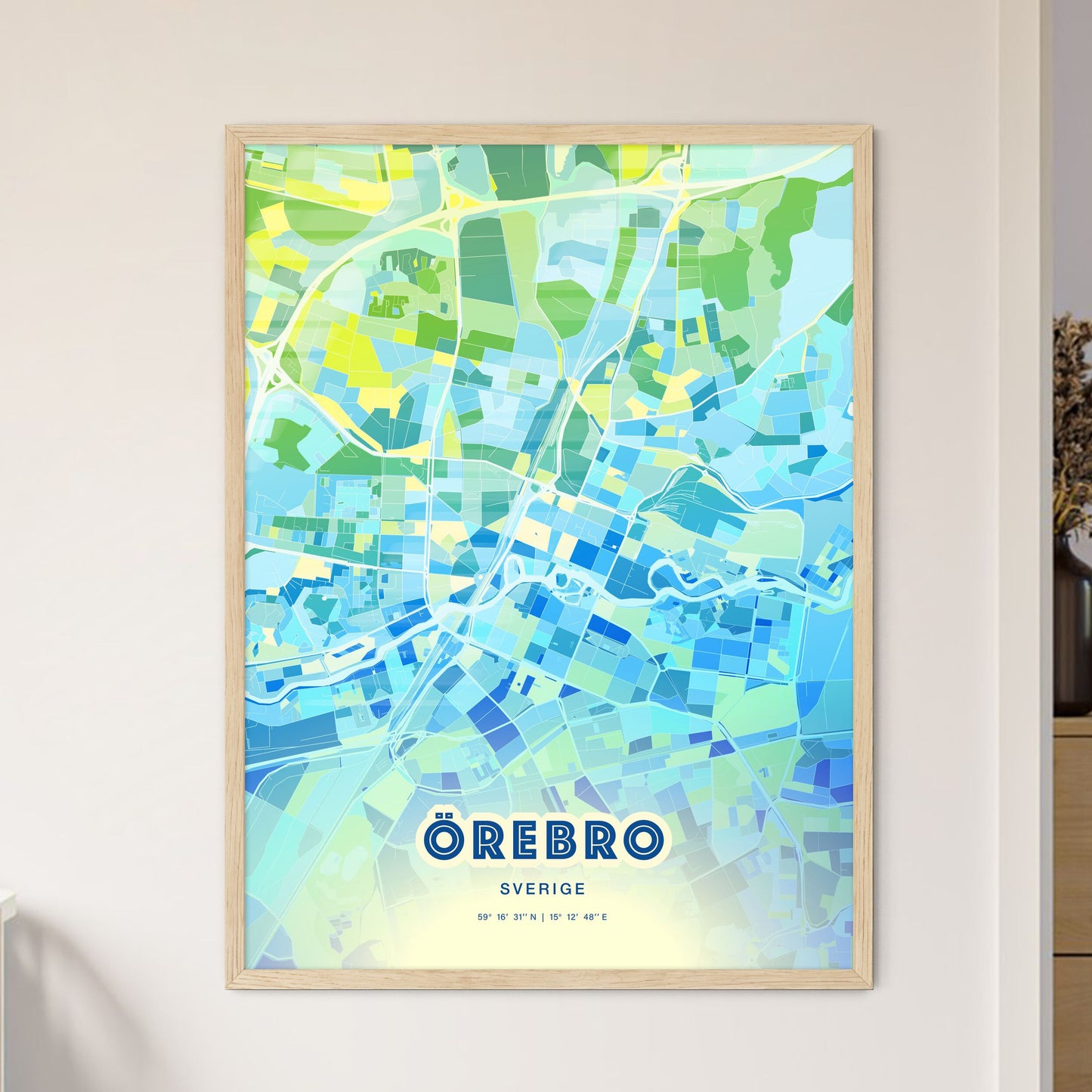 Colorful ÖREBRO SWEDEN Fine Art Map Cool Blue