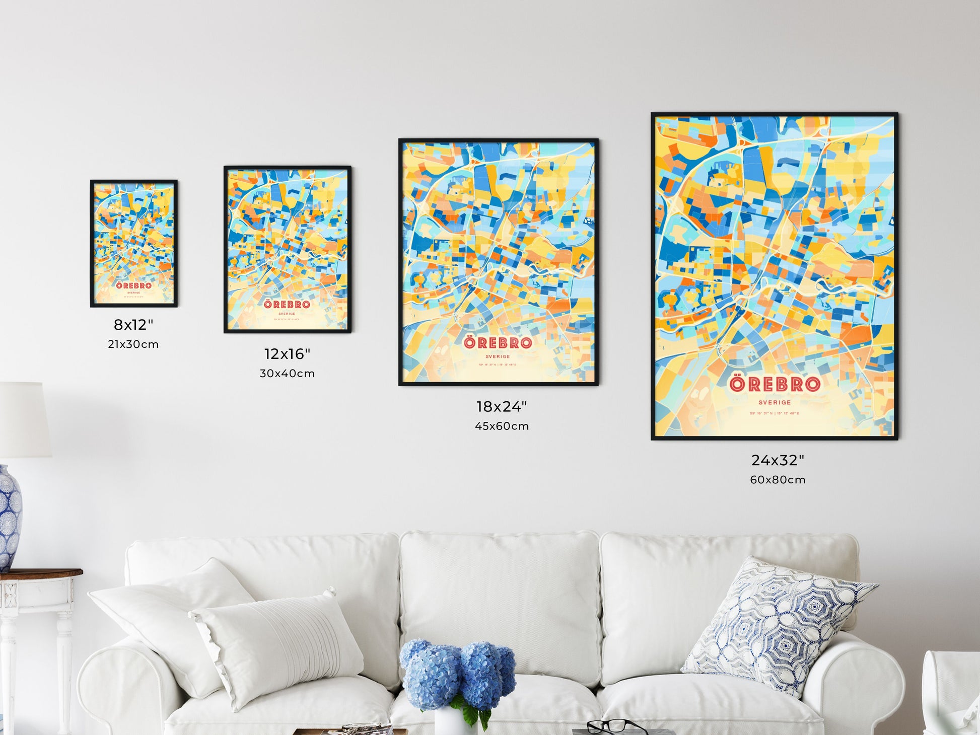 Colorful ÖREBRO SWEDEN Fine Art Map Blue Orange