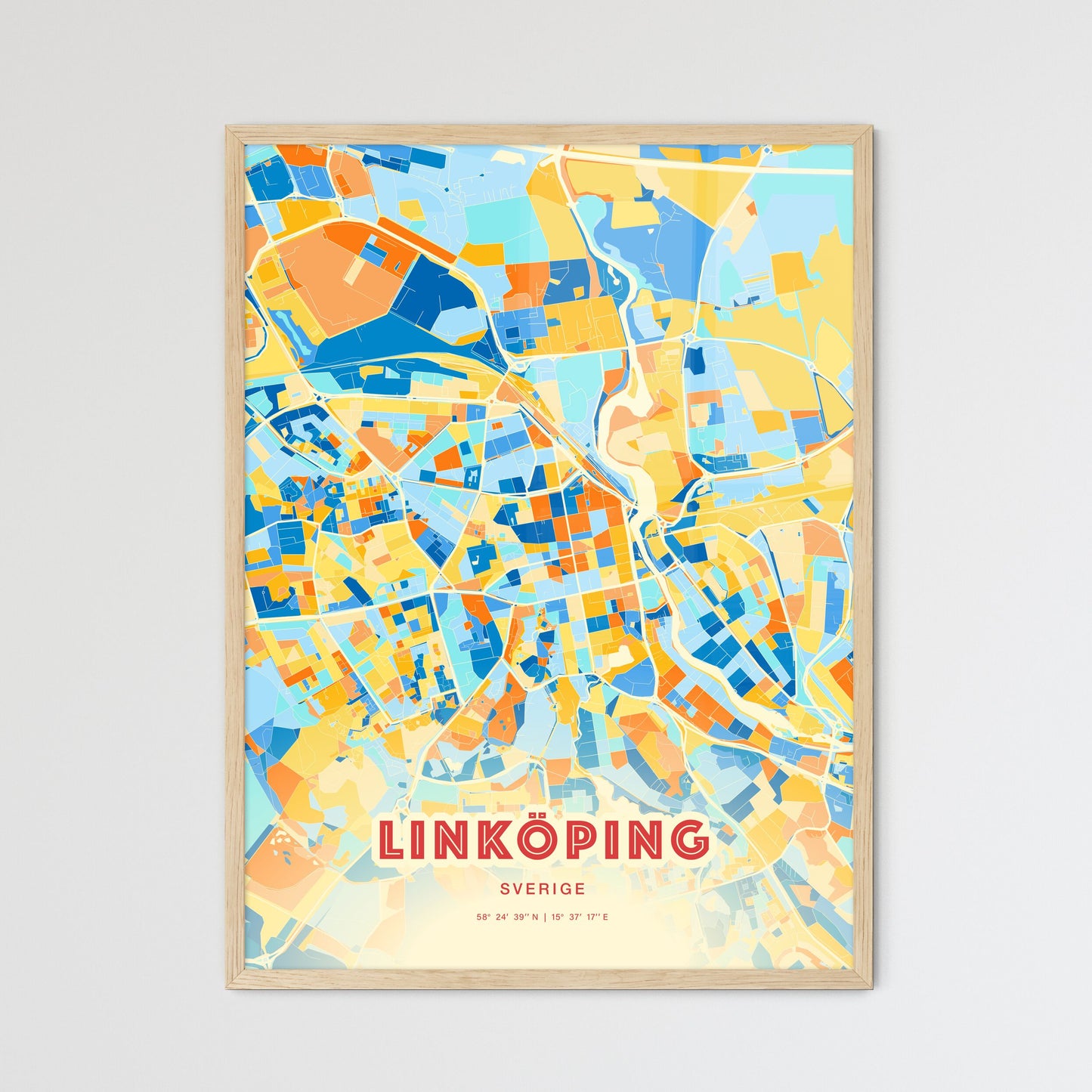 Colorful LINKÖPING SWEDEN Fine Art Map Blue Orange