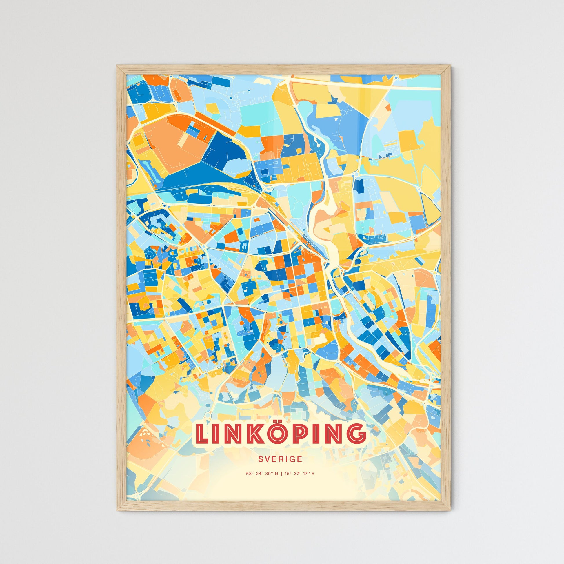 Colorful LINKÖPING SWEDEN Fine Art Map Blue Orange