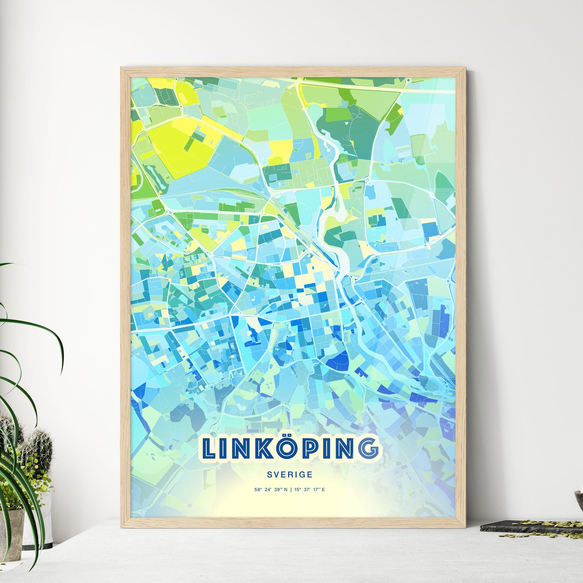 Colorful LINKÖPING SWEDEN Fine Art Map Cool Blue