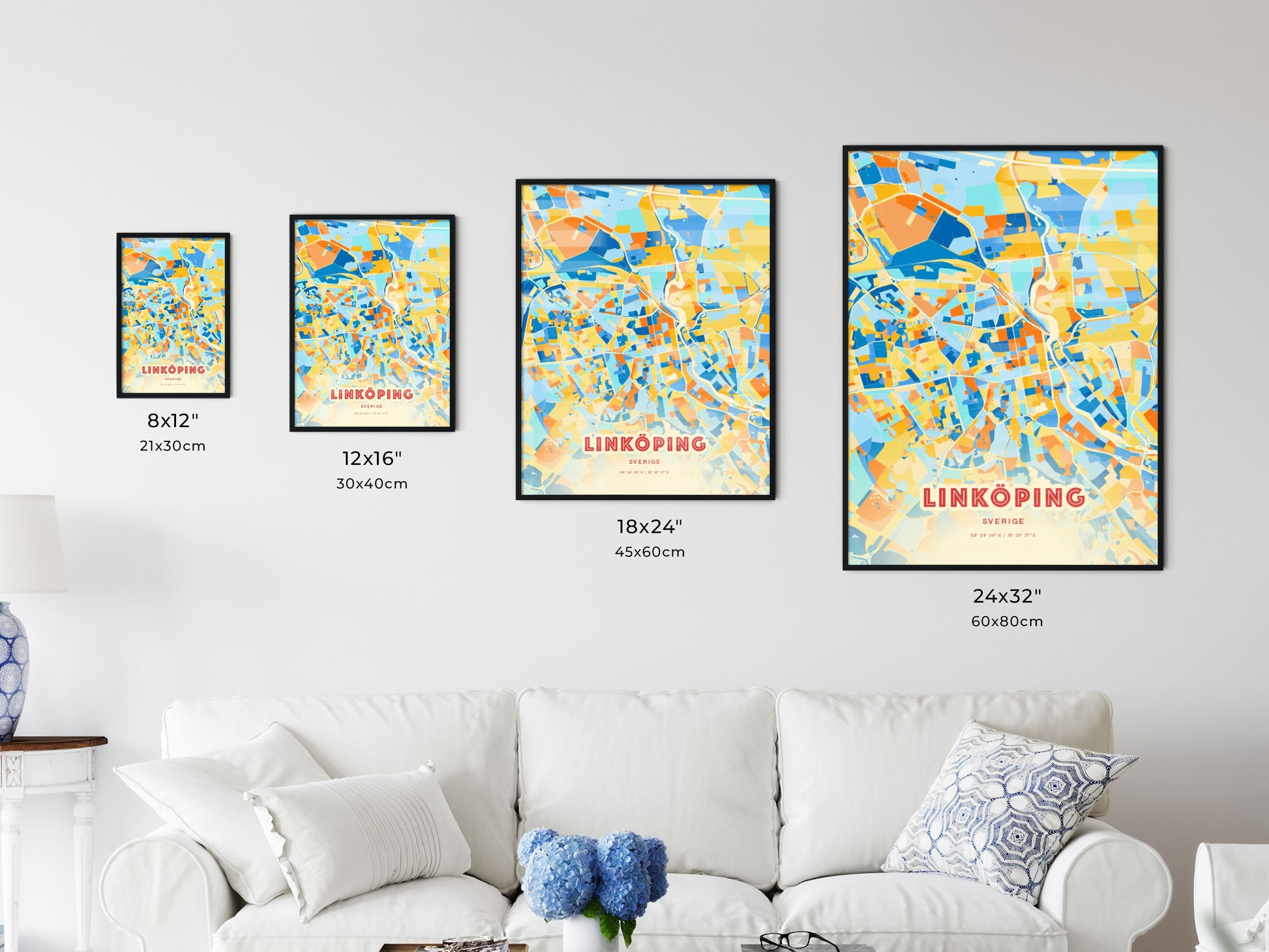 Colorful LINKÖPING SWEDEN Fine Art Map Blue Orange