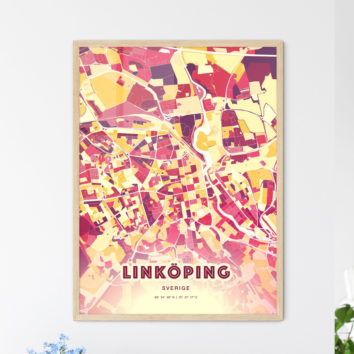 Colorful LINKÖPING SWEDEN Fine Art Map Hot Red