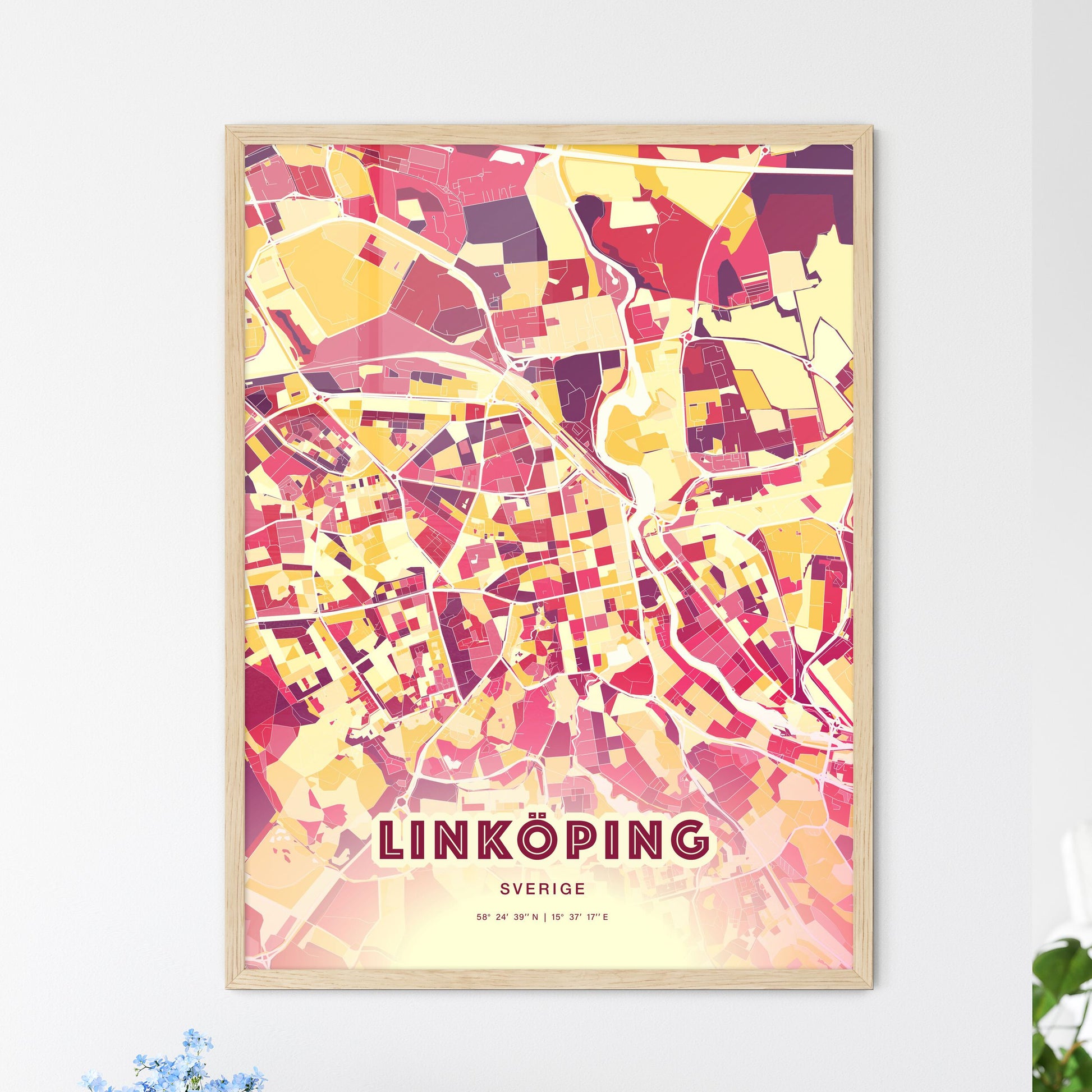 Colorful LINKÖPING SWEDEN Fine Art Map Hot Red