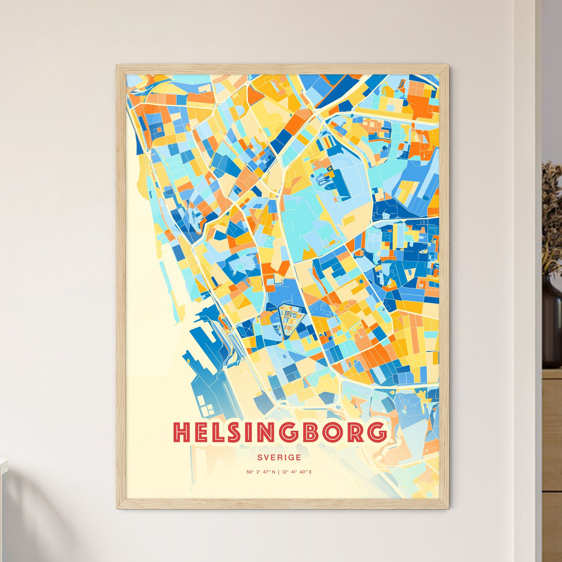 Colorful Helsingborg Sweden Fine Art Map Blue Orange