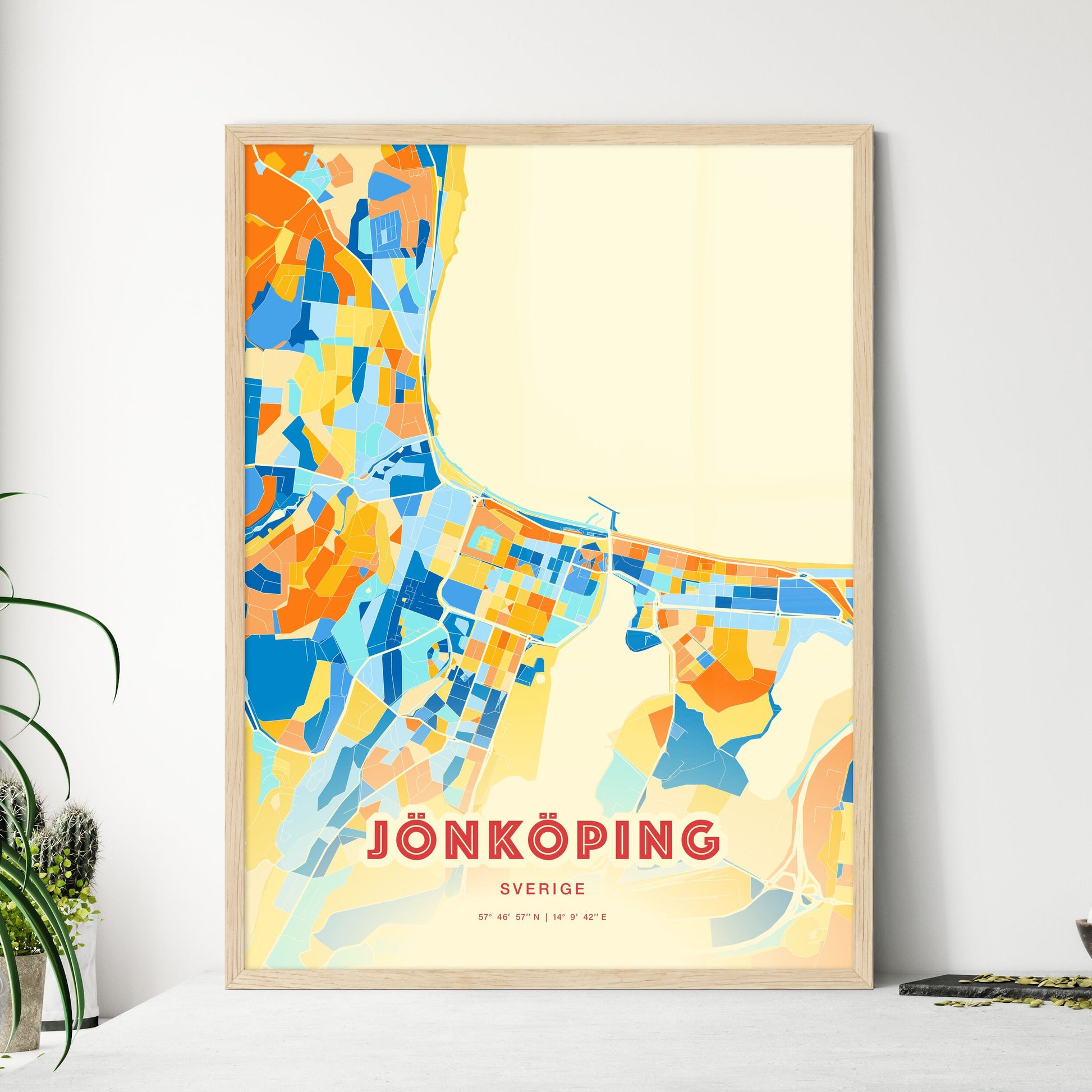 Colorful Jönköping Sweden Fine Art Map Blue Orange