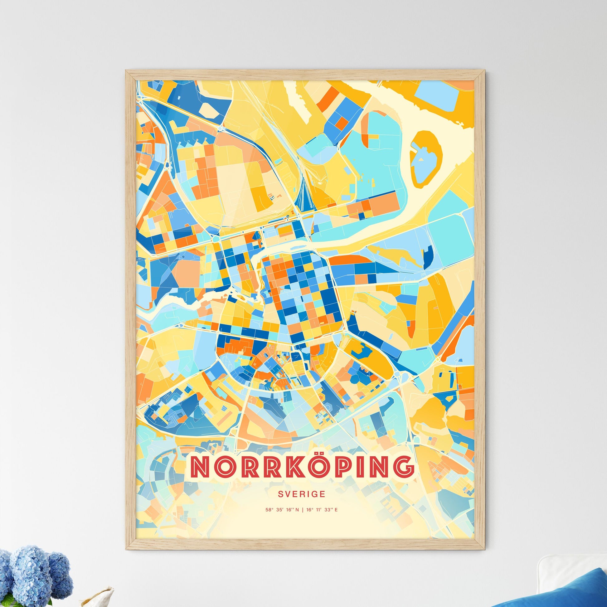 Colorful Norrköping Sweden Fine Art Map Blue Orange