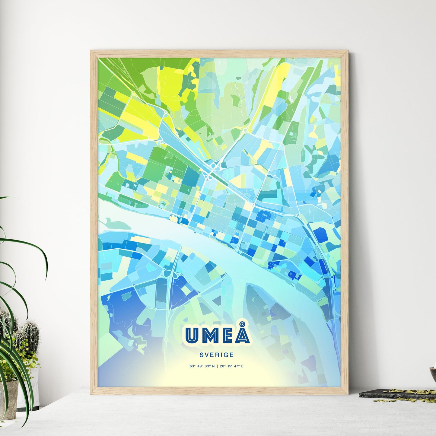 Colorful UMEÅ SWEDEN Fine Art Map Cool Blue