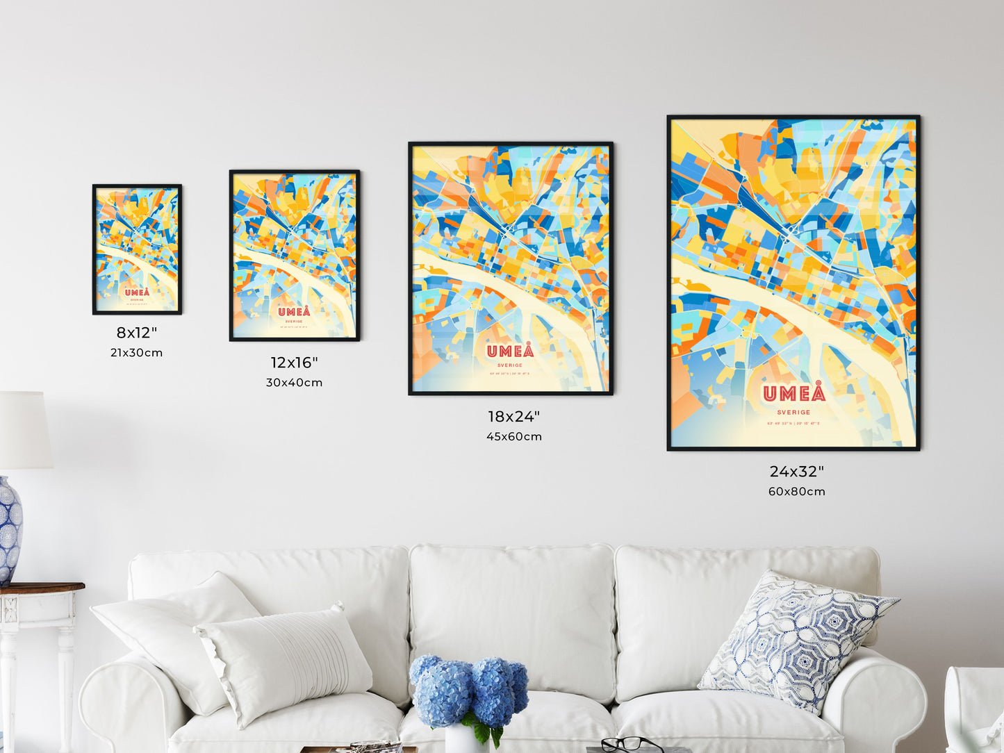 Colorful UMEÅ SWEDEN Fine Art Map Blue Orange