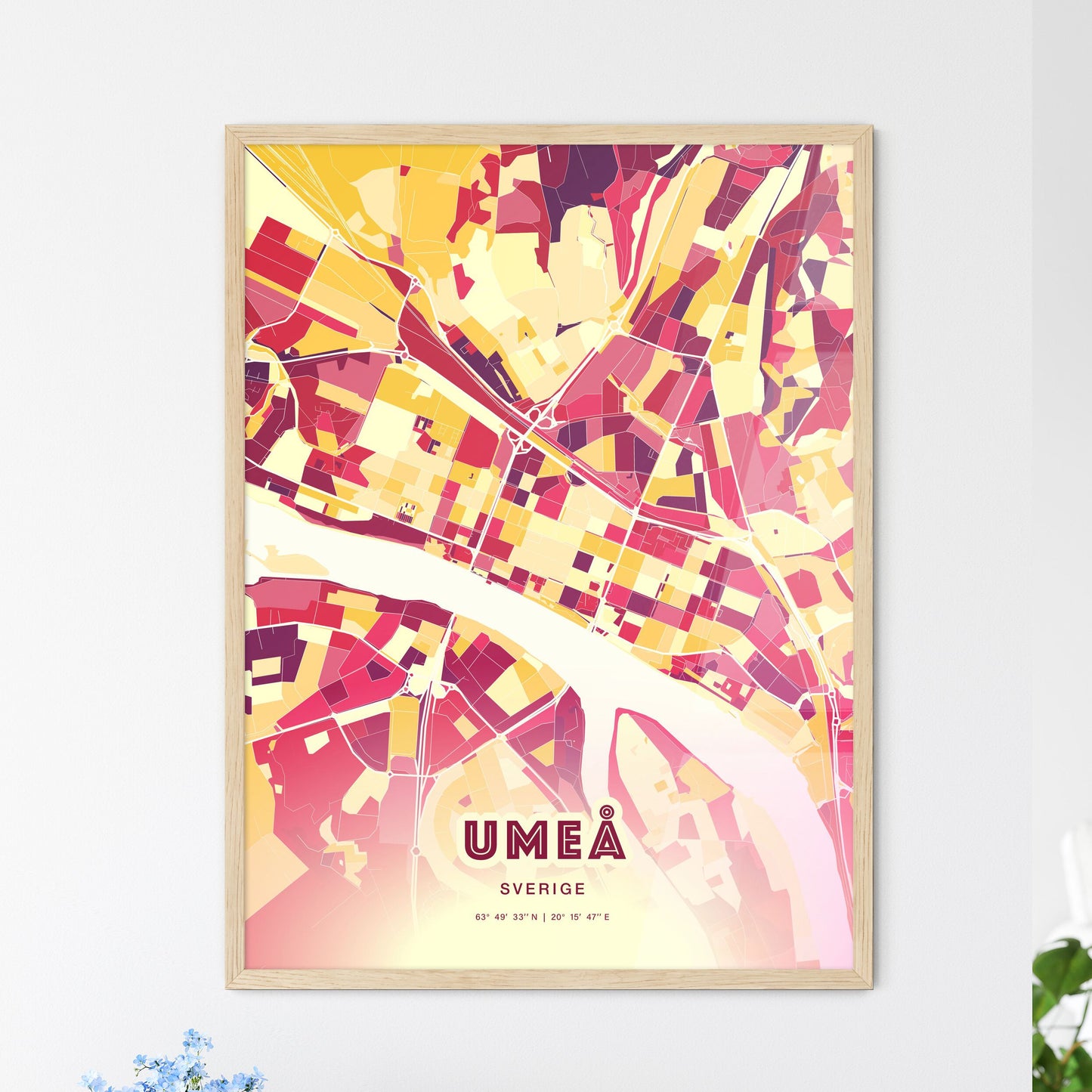 Colorful UMEÅ SWEDEN Fine Art Map Hot Red