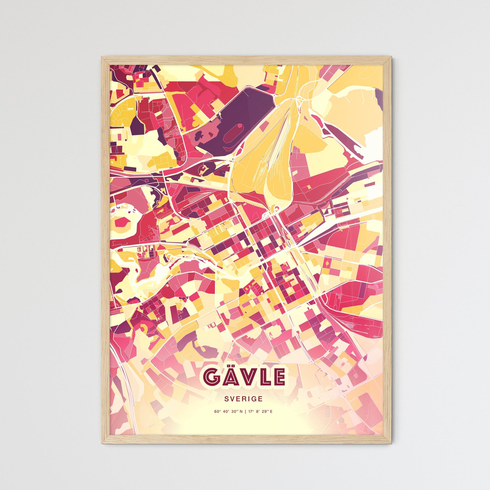 Colorful GÄVLE SWEDEN Fine Art Map Hot Red