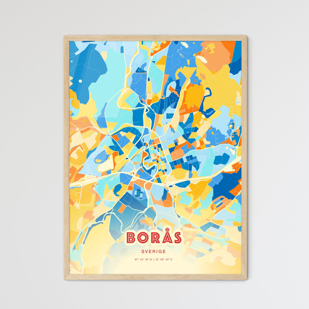 Colorful BORÅS SWEDEN Fine Art Map Blue Orange