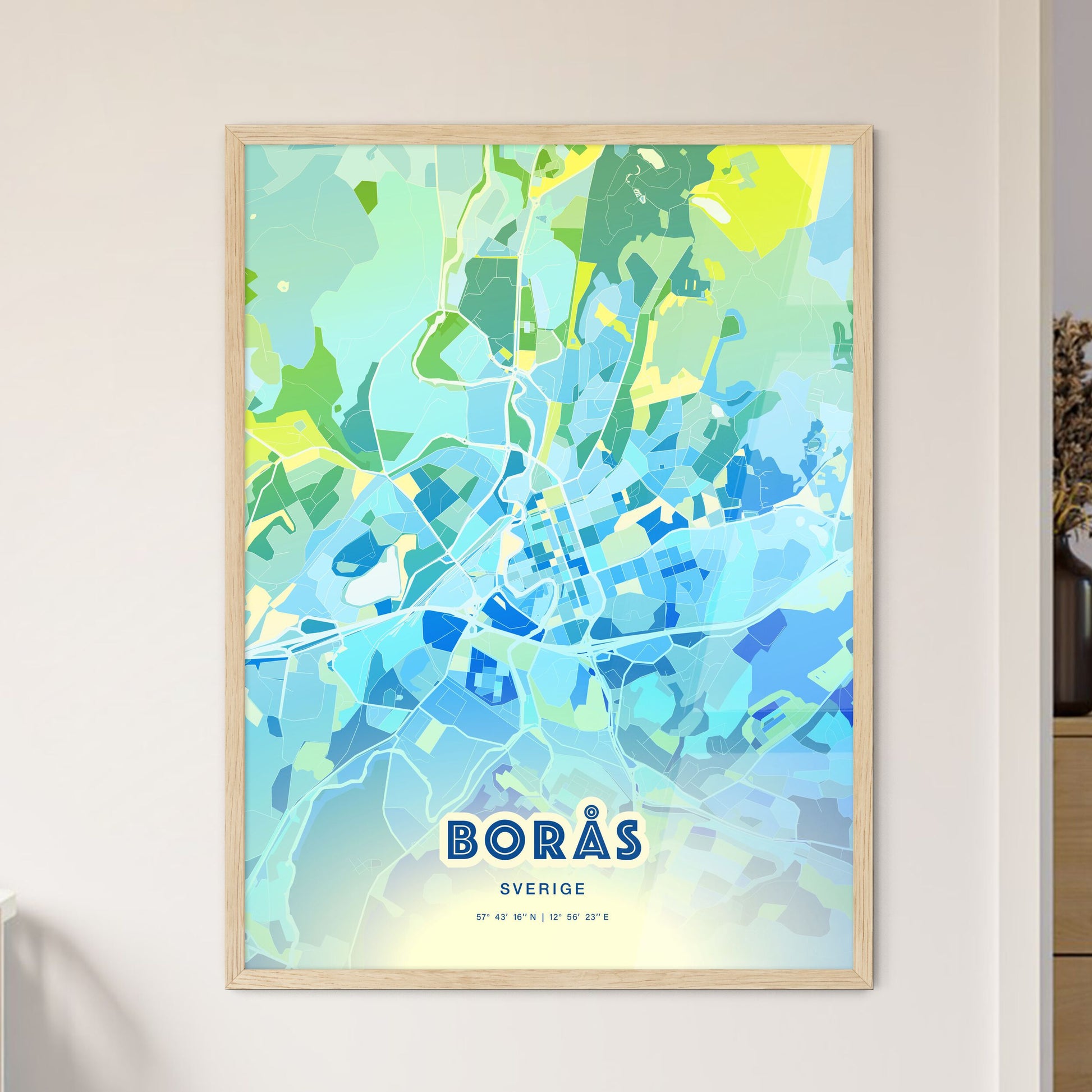 Colorful BORÅS SWEDEN Fine Art Map Cool Blue