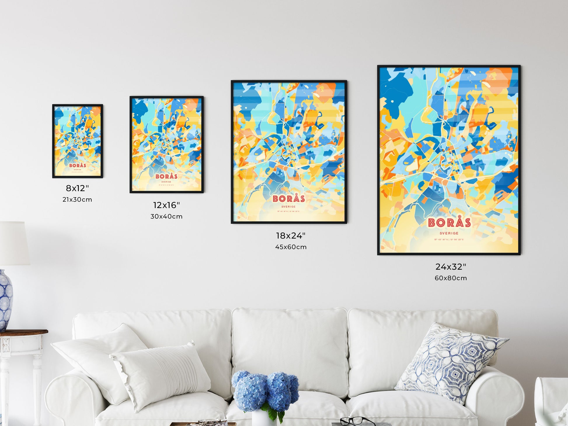 Colorful BORÅS SWEDEN Fine Art Map Blue Orange