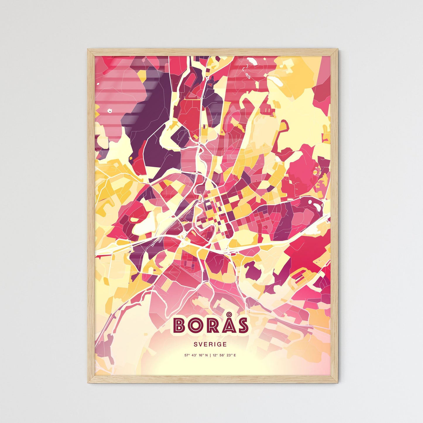 Colorful BORÅS SWEDEN Fine Art Map Hot Red