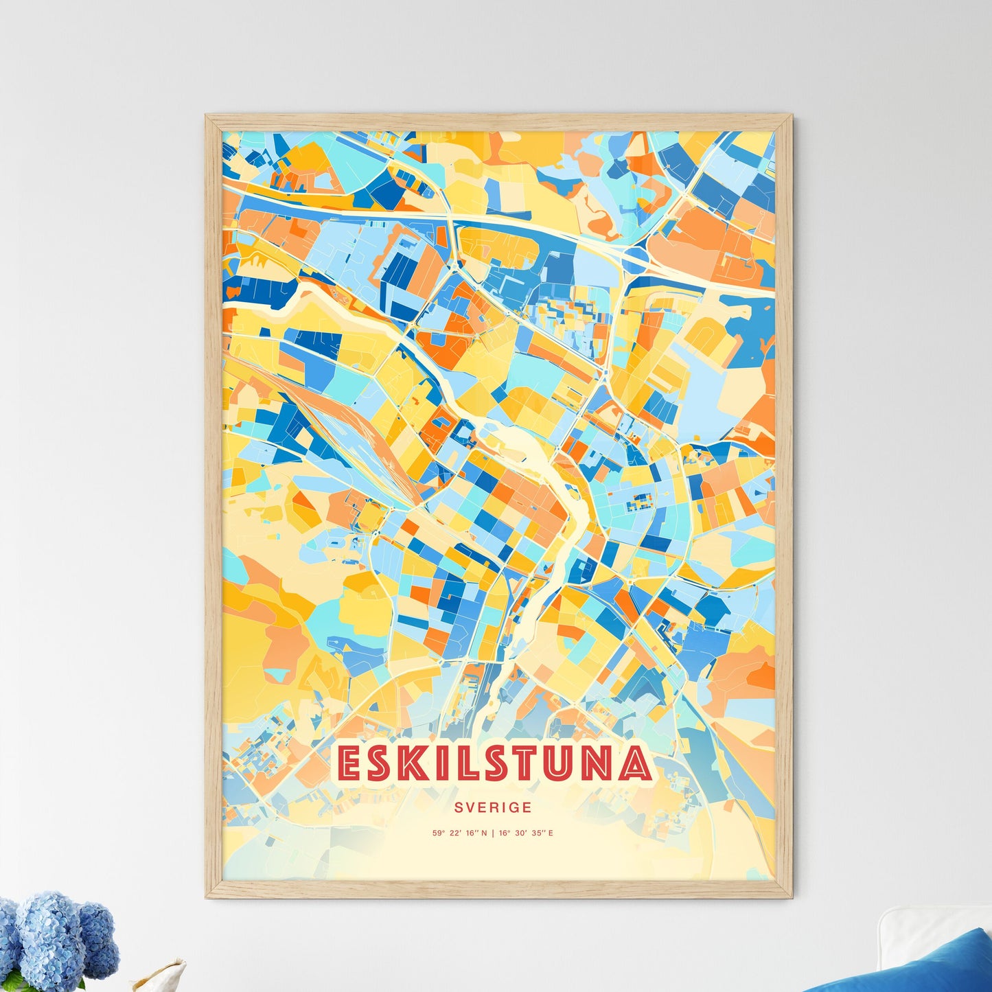 Colorful ESKILSTUNA SWEDEN Fine Art Map Blue Orange