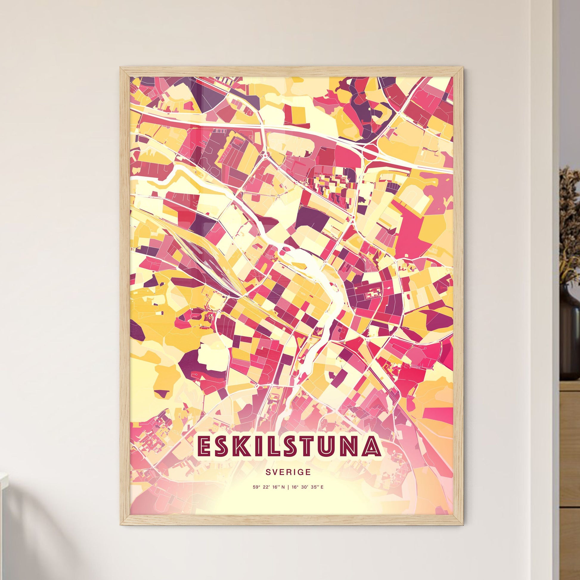 Colorful ESKILSTUNA SWEDEN Fine Art Map Hot Red