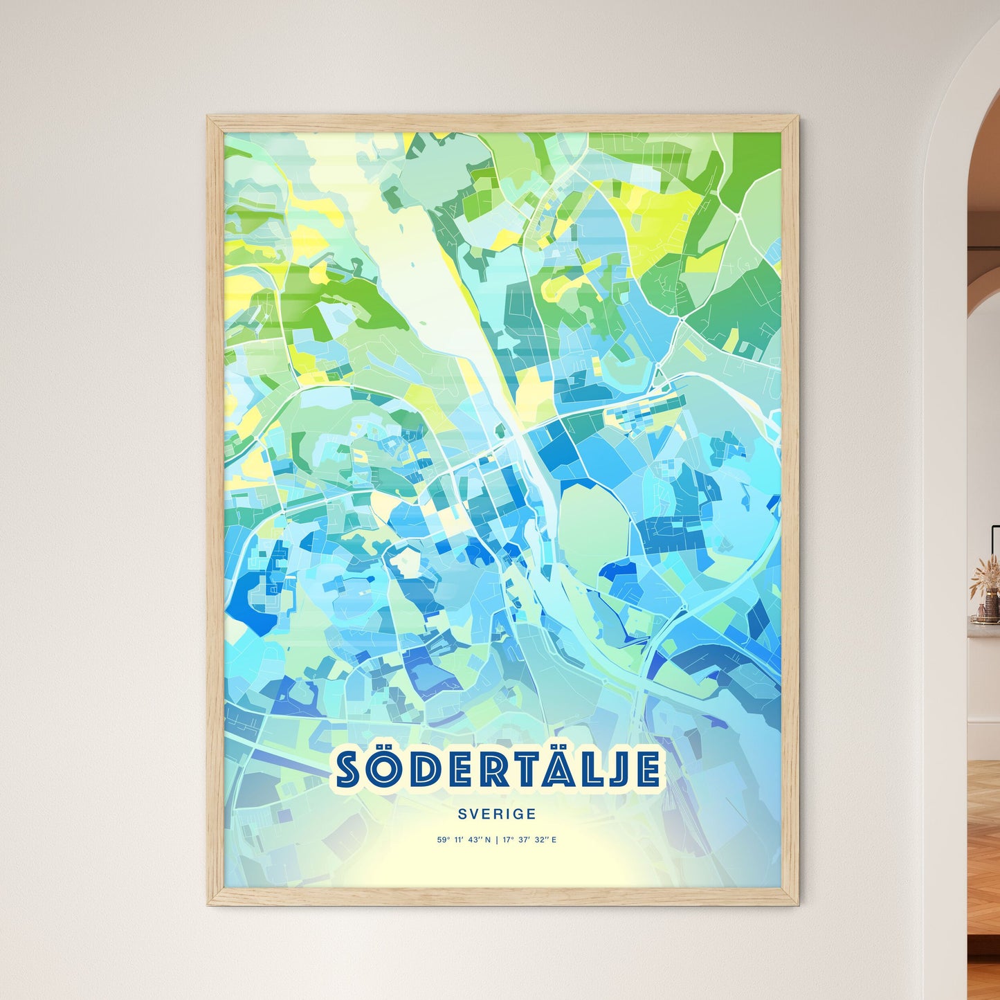 Colorful SÖDERTÄLJE SWEDEN Fine Art Map Cool Blue