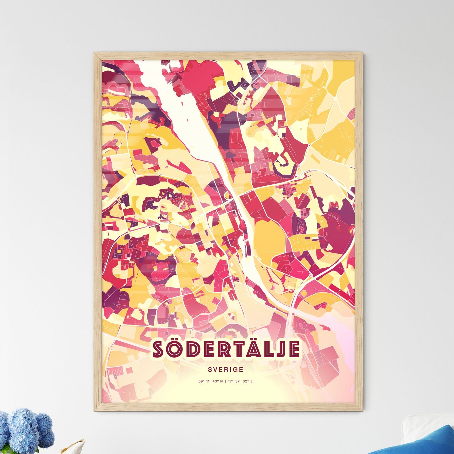 Colorful SÖDERTÄLJE SWEDEN Fine Art Map Hot Red