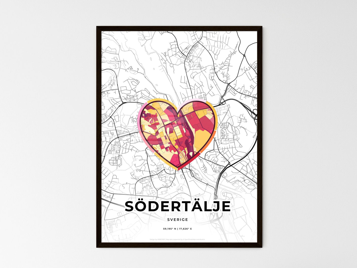 Södertälje Sweden wedding art map with heart icon