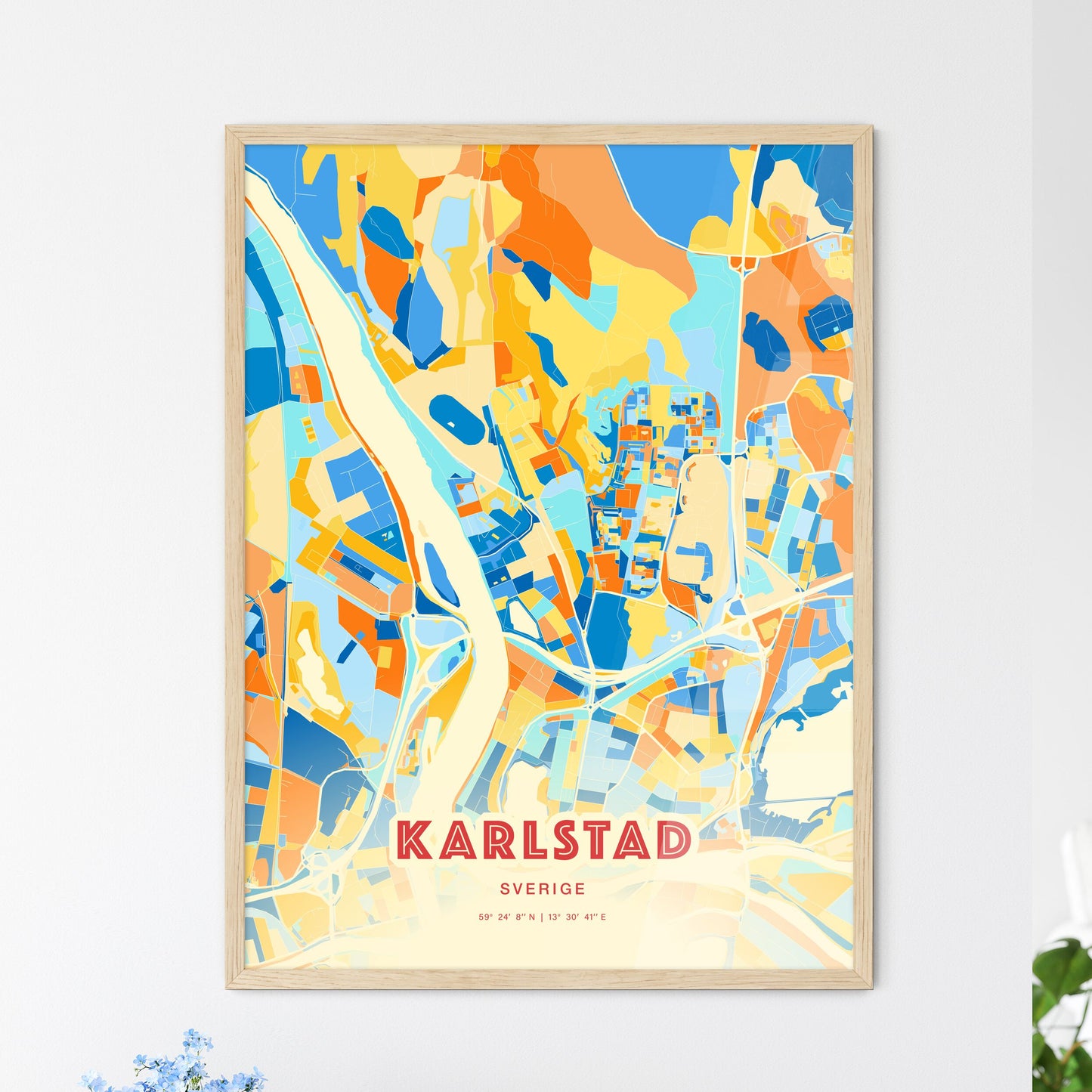 Colorful KARLSTAD SWEDEN Fine Art Map Blue Orange