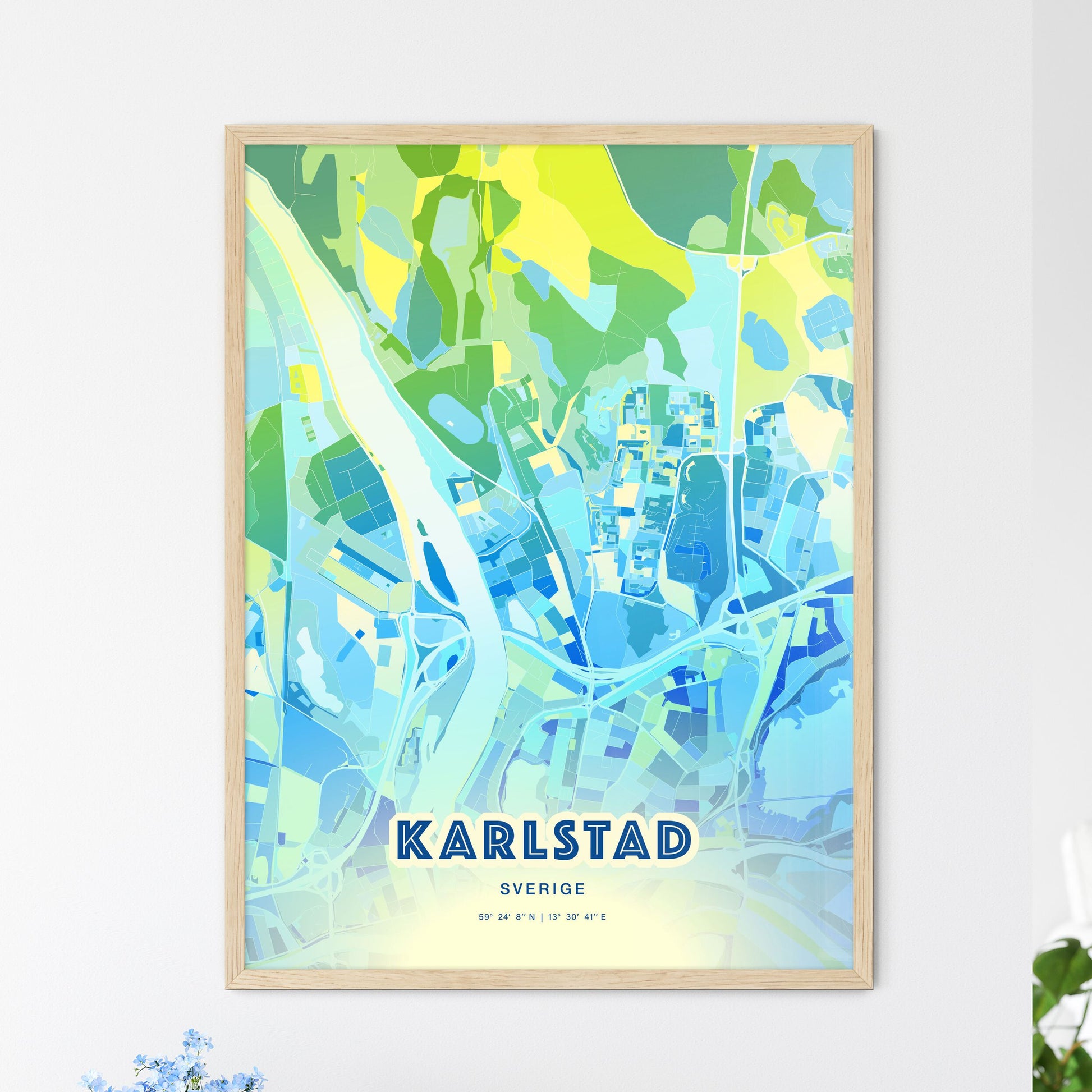 Colorful KARLSTAD SWEDEN Fine Art Map Cool Blue