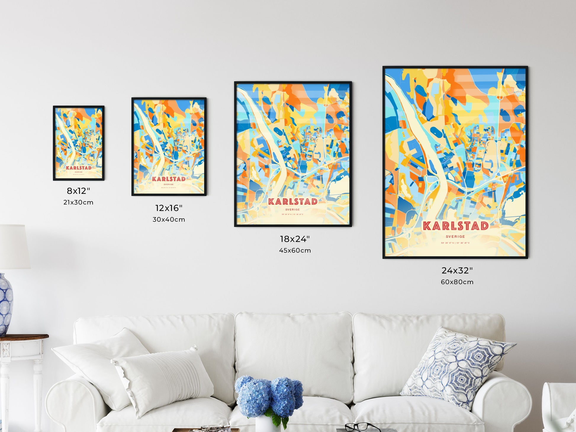 Colorful KARLSTAD SWEDEN Fine Art Map Blue Orange