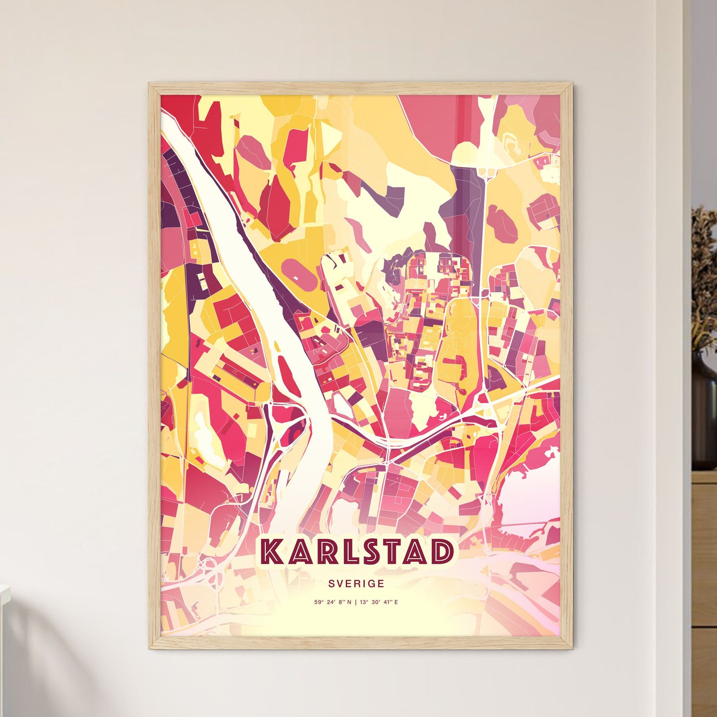 Colorful KARLSTAD SWEDEN Fine Art Map Hot Red