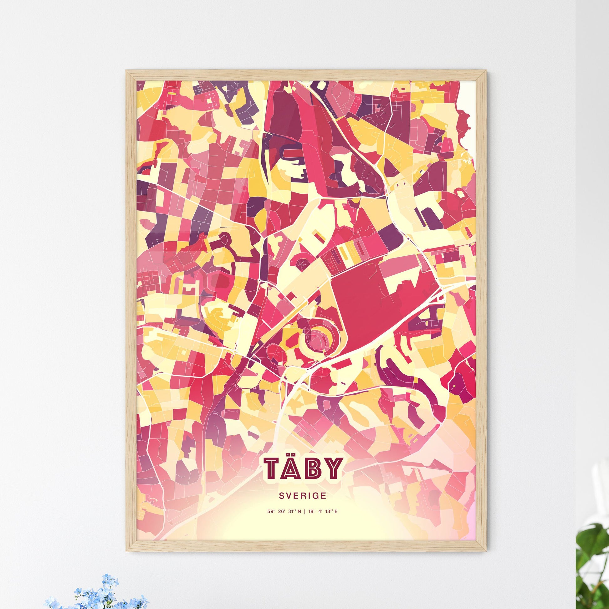 Colorful TÄBY SWEDEN Fine Art Map Hot Red