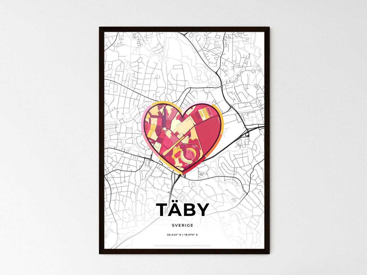 Täby Sweden wedding art map with heart icon