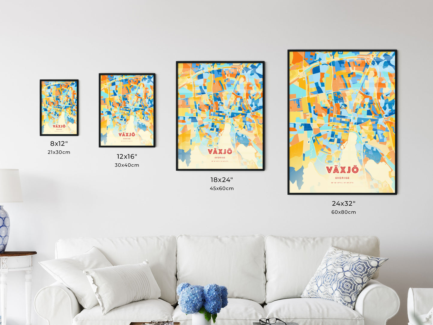 Colorful VÄXJÖ SWEDEN Fine Art Map Blue Orange