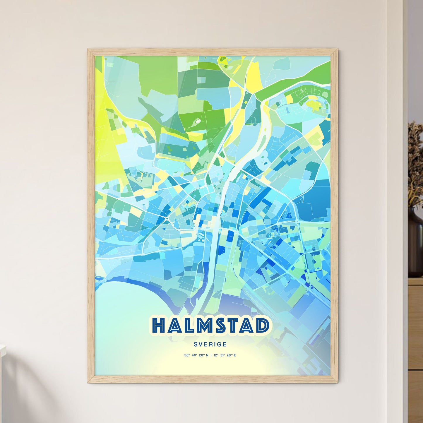 Colorful HALMSTAD SWEDEN Fine Art Map Cool Blue