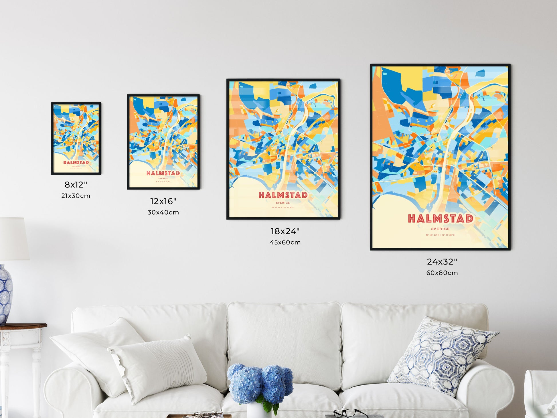 Colorful HALMSTAD SWEDEN Fine Art Map Blue Orange