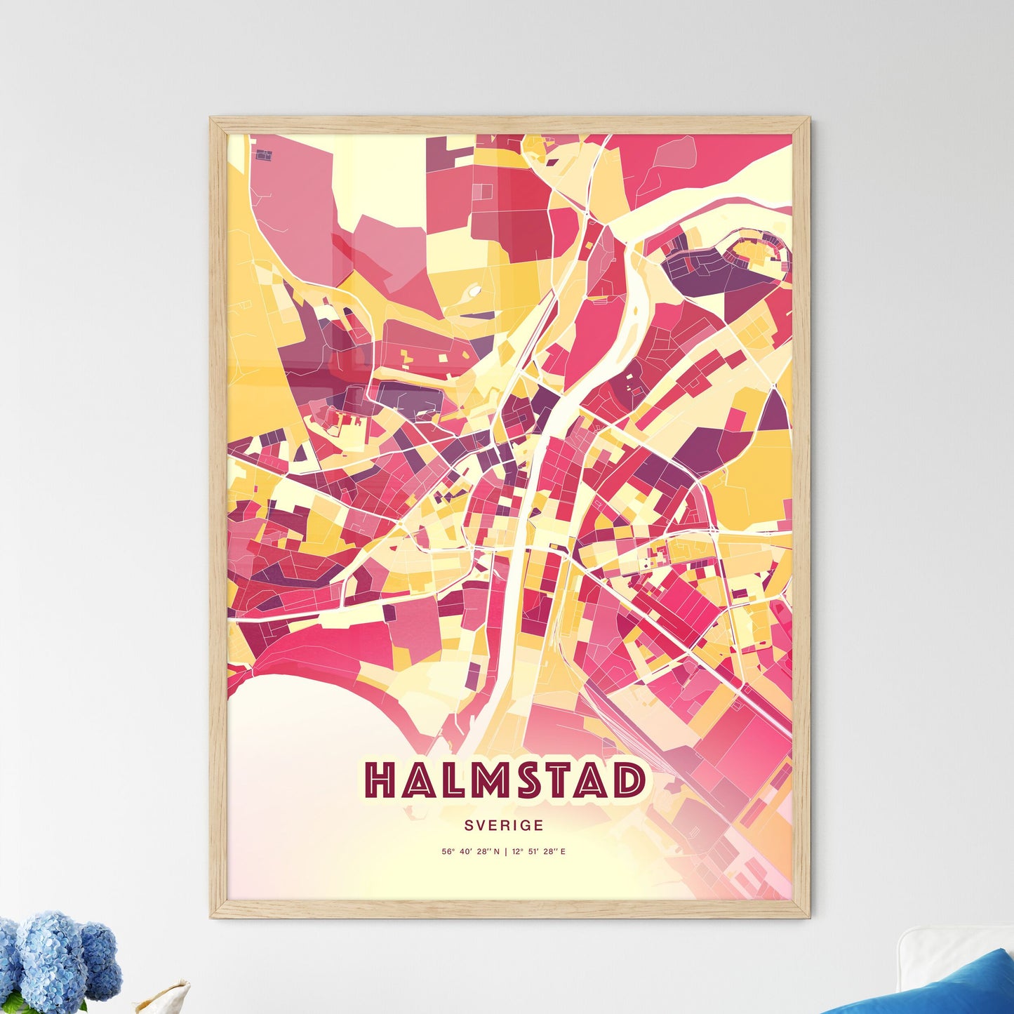 Colorful HALMSTAD SWEDEN Fine Art Map Hot Red