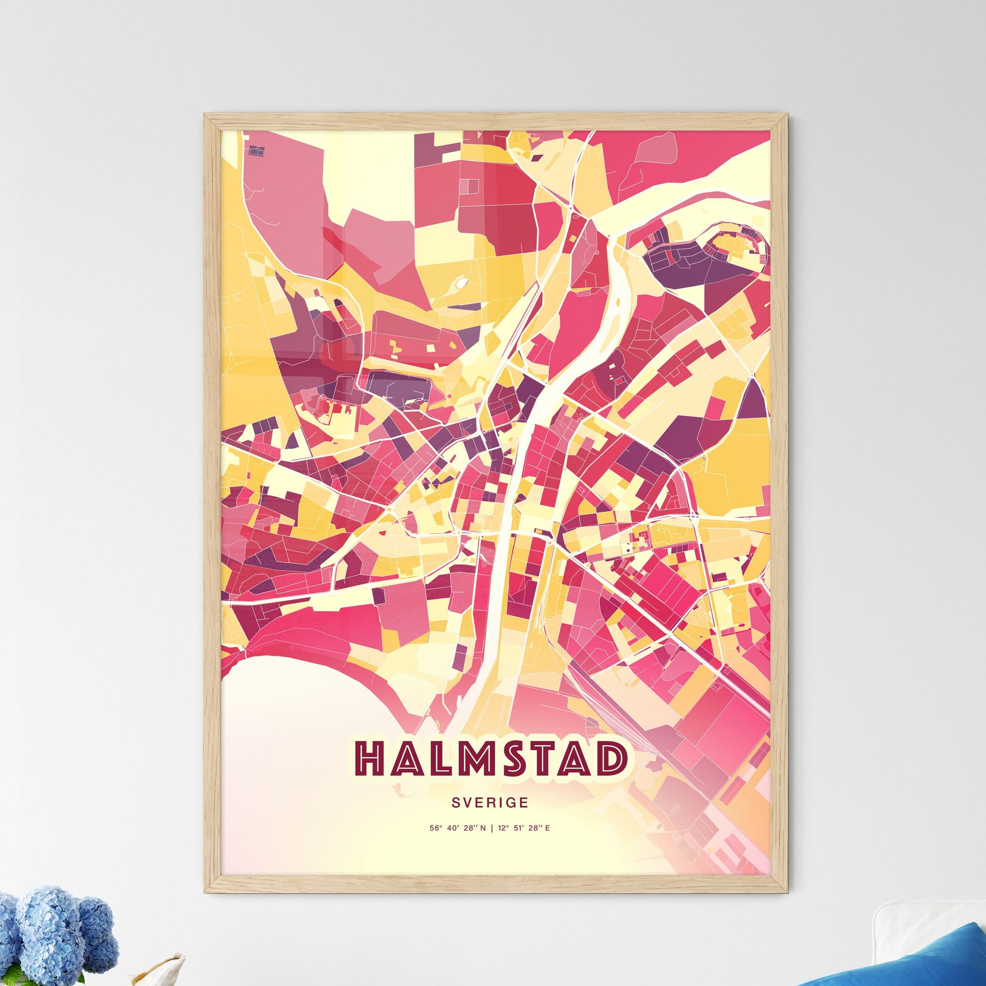 Colorful HALMSTAD SWEDEN Fine Art Map Hot Red