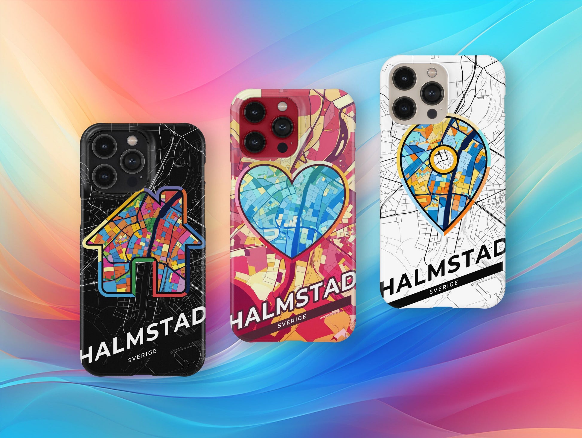Halmstad Sweden slim phone case with colorful icon. Birthday, wedding or housewarming gift. Couple match cases.
