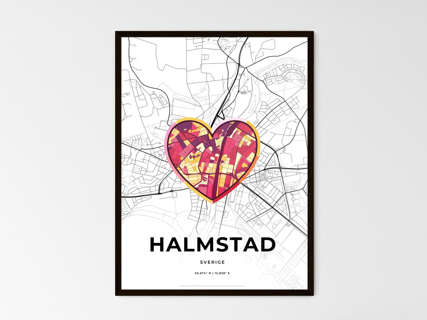 Halmstad Sweden wedding art map with heart icon