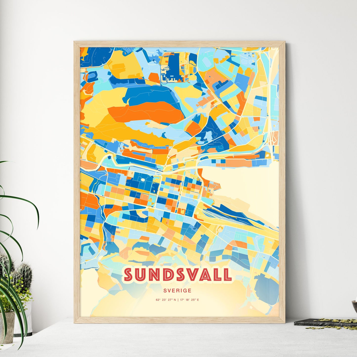 Colorful SUNDSVALL SWEDEN Fine Art Map Blue Orange