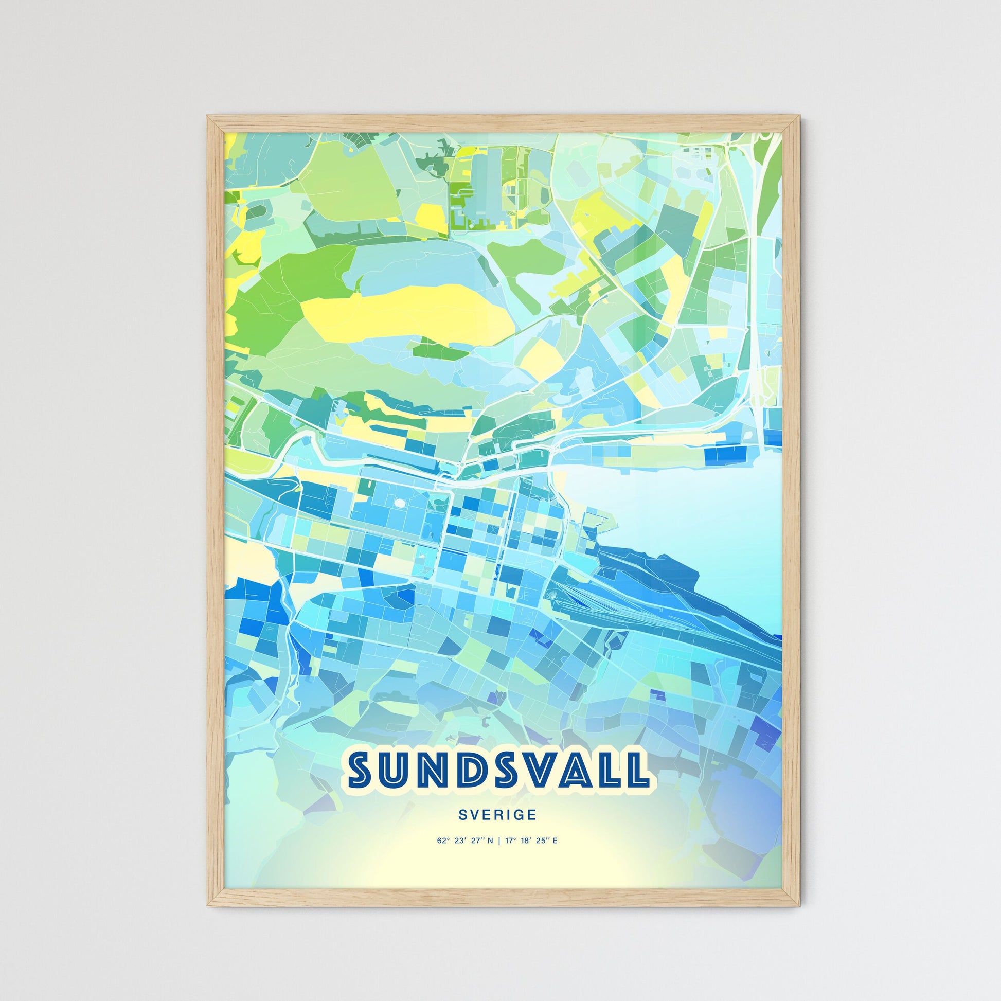 Colorful SUNDSVALL SWEDEN Fine Art Map Cool Blue