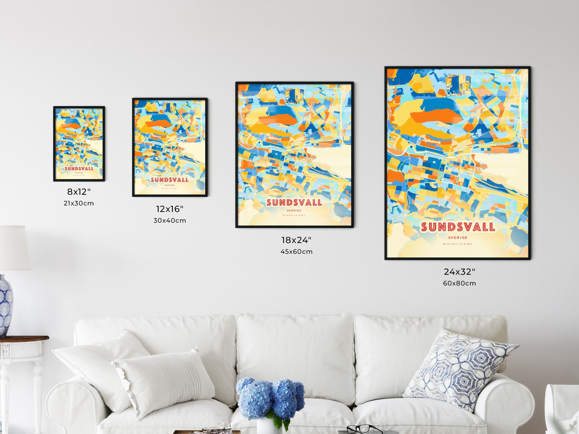 Colorful SUNDSVALL SWEDEN Fine Art Map Blue Orange