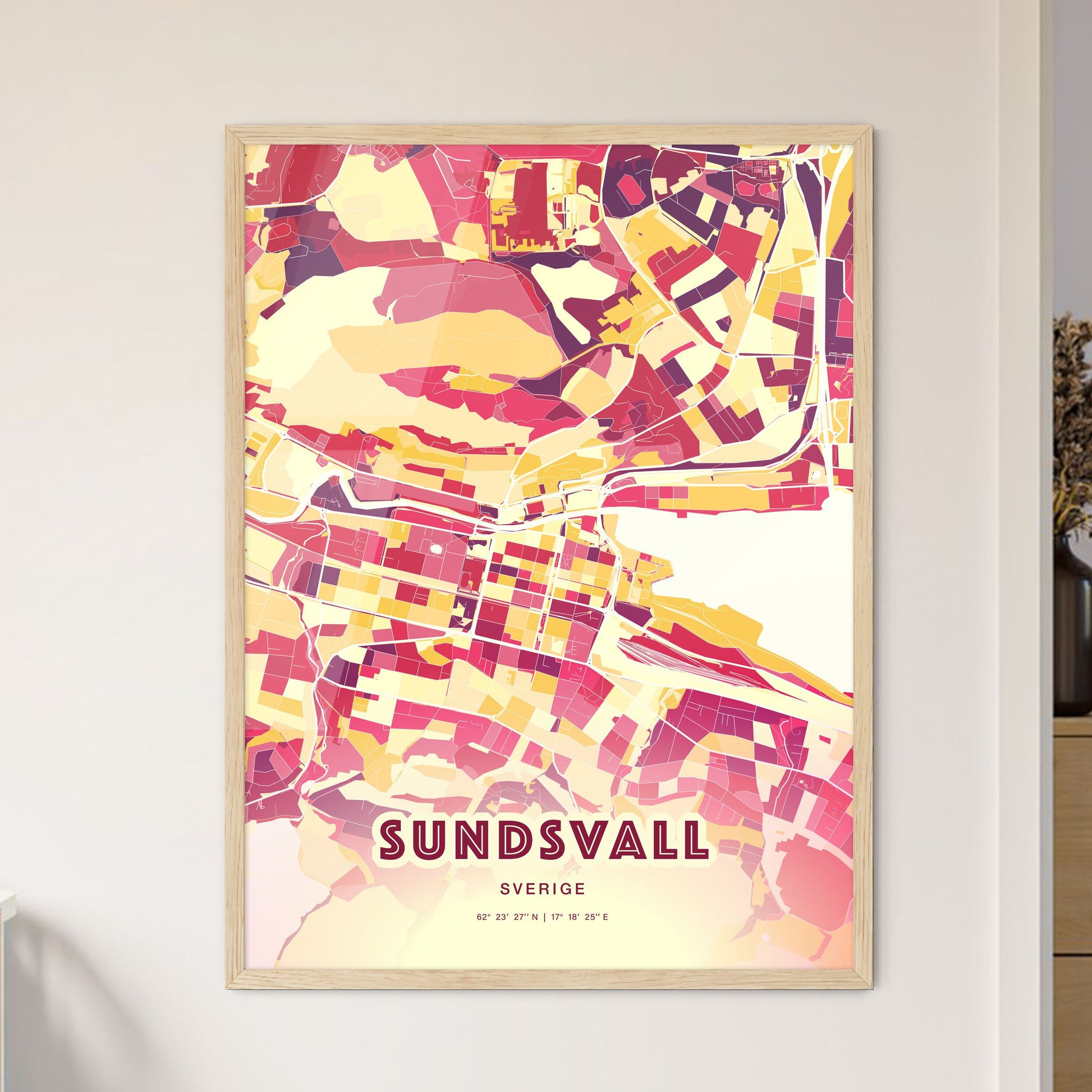 Colorful SUNDSVALL SWEDEN Fine Art Map Hot Red