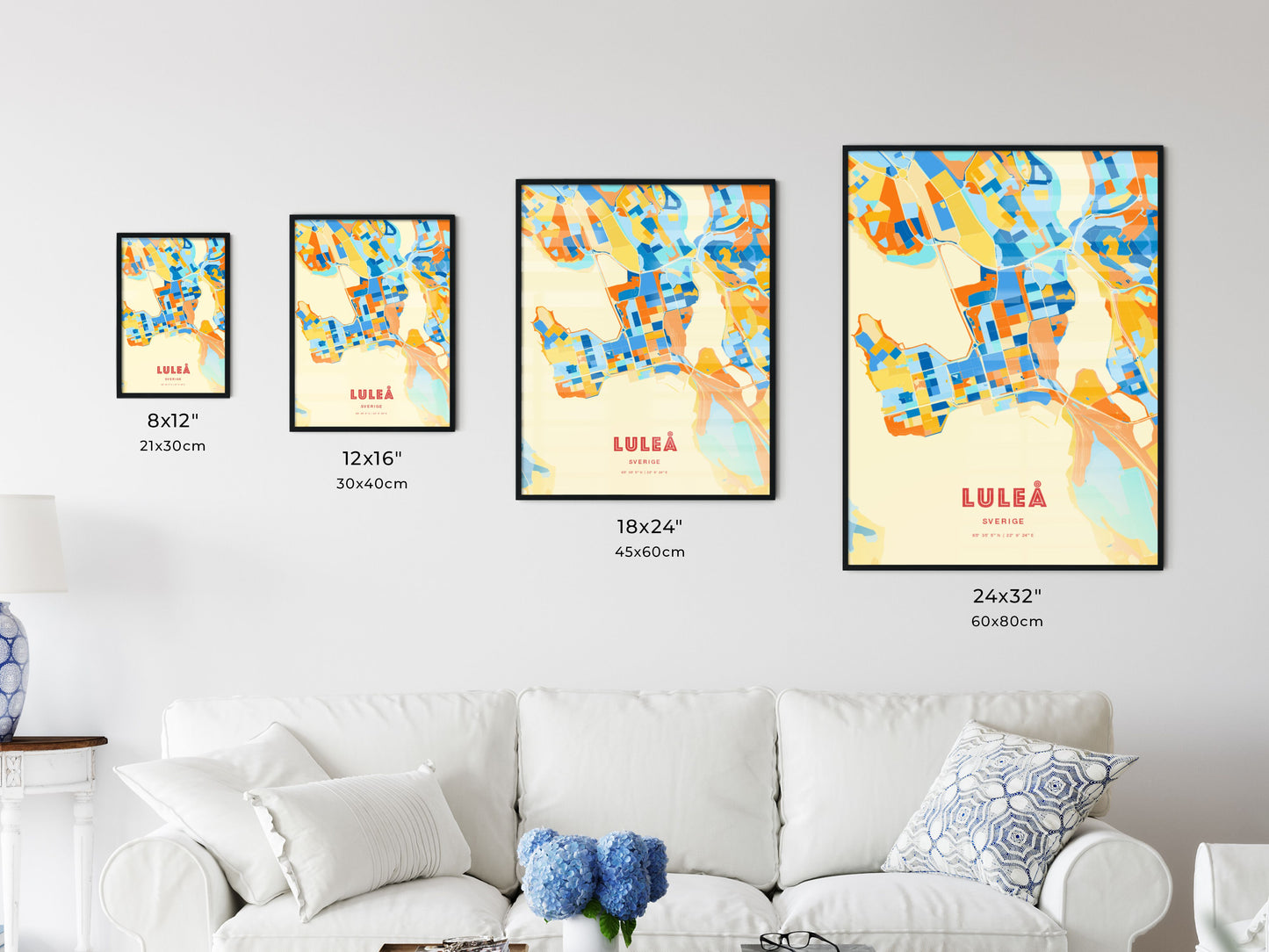 Colorful LULEÅ SWEDEN Fine Art Map Blue Orange